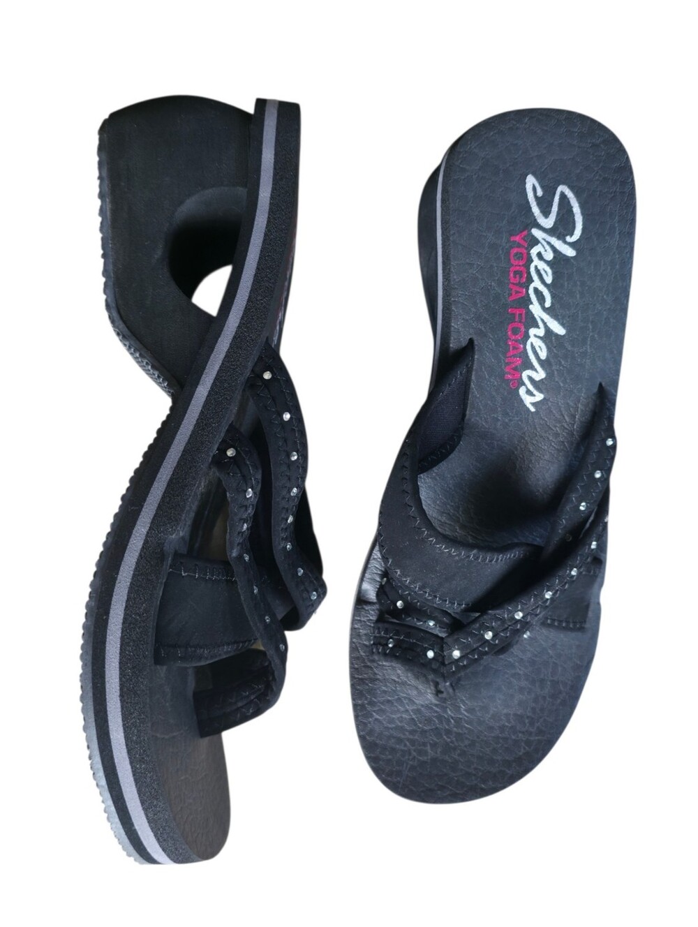 Skechers Yoga Foam Toe Ring Wedge Sandals Black Rhinestone Comfort Y2K Size 8 - Picture 9 of 15